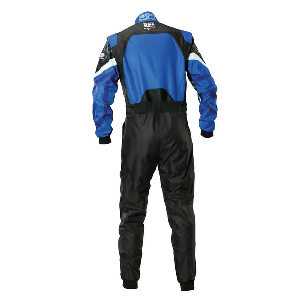 Back View of Black and blue racing suit, OMP Blue Kart Suit KS-3X ART Style 1 Youth Explicit Pro