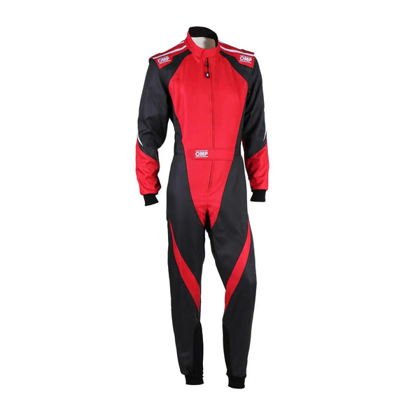 Front View of Red and black racing suit OMP Kart Suit KS-3X - FIA 88770 Explicit Pro