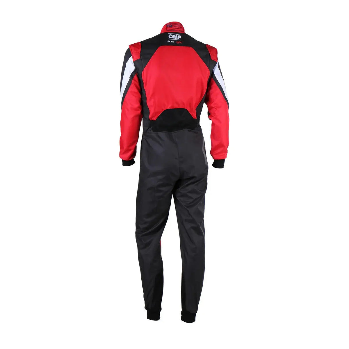 Back View of Red and black racing suit with visible branding OMP Kart Suit KS-3X - FIA 88770 Explicit Pro