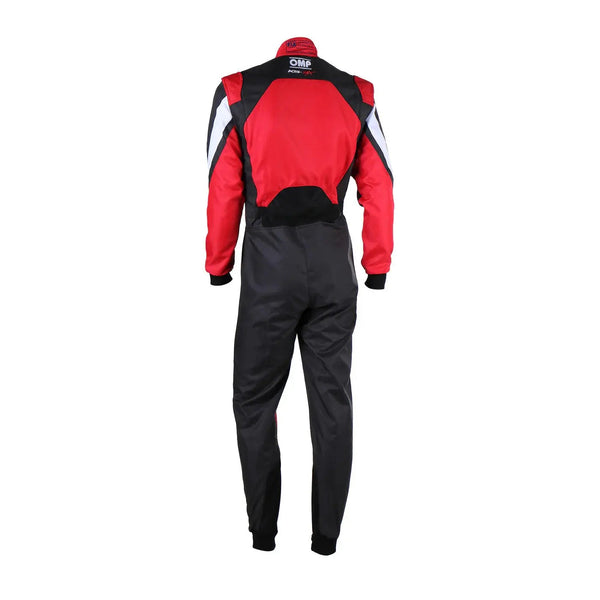 Back View of Red and black racing suit with visible branding OMP Kart Suit KS-3X - FIA 88770 Explicit Pro
