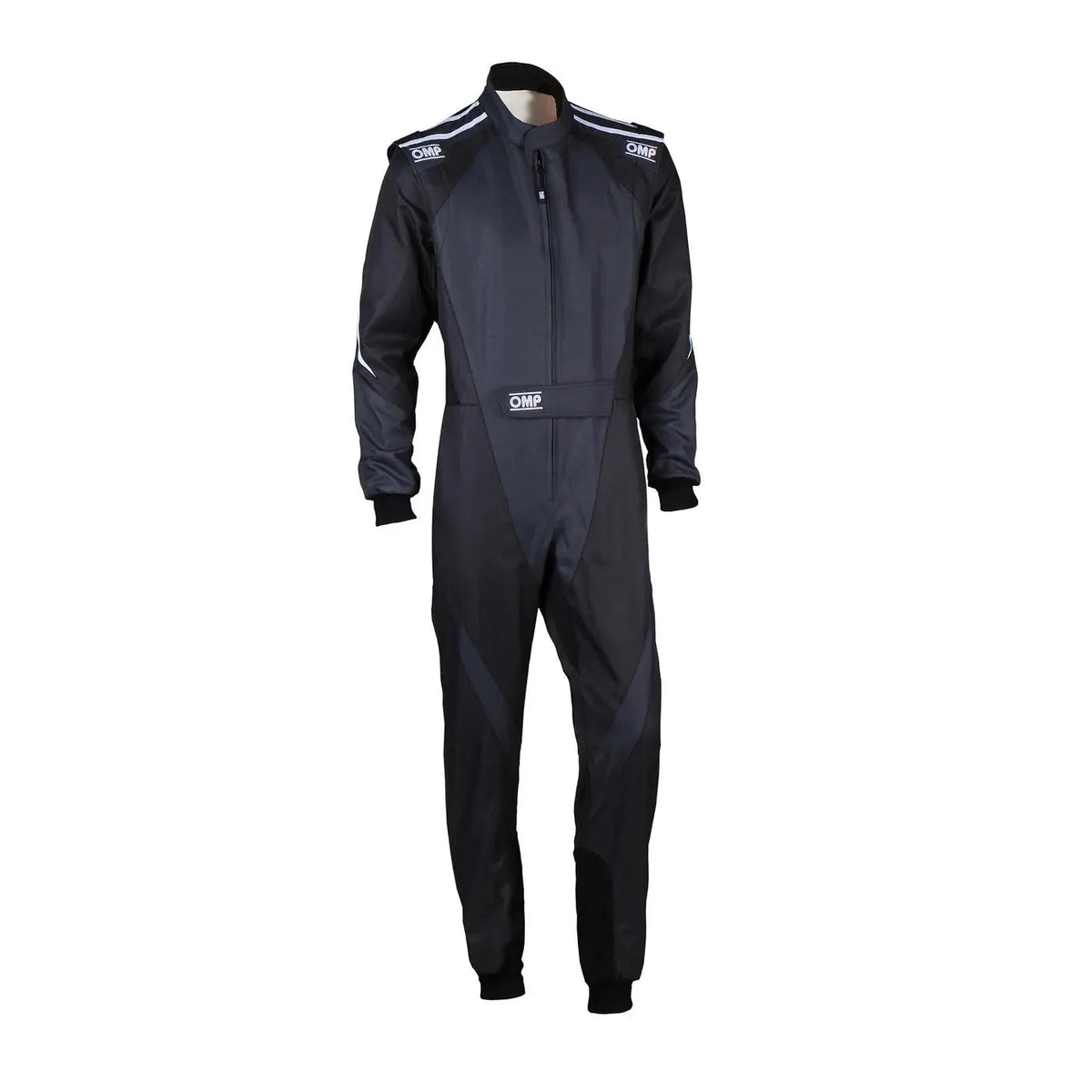 Front View Black racing suit with white accents OMP Kart Suit KS-3X - FIA 88770 Explicit Pro