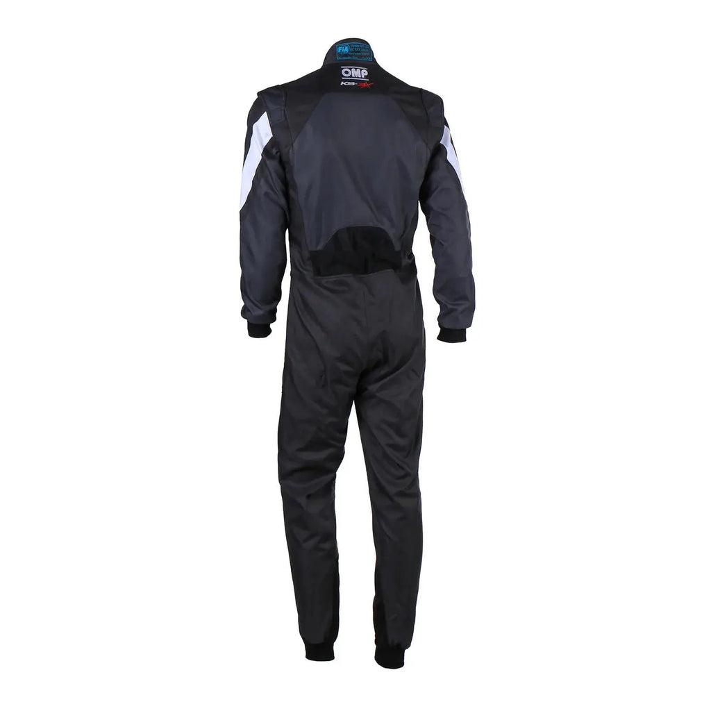 Back view of Black racing suit with white accents OMP Kart Suit KS-3X - FIA 88770 Explicit Pro