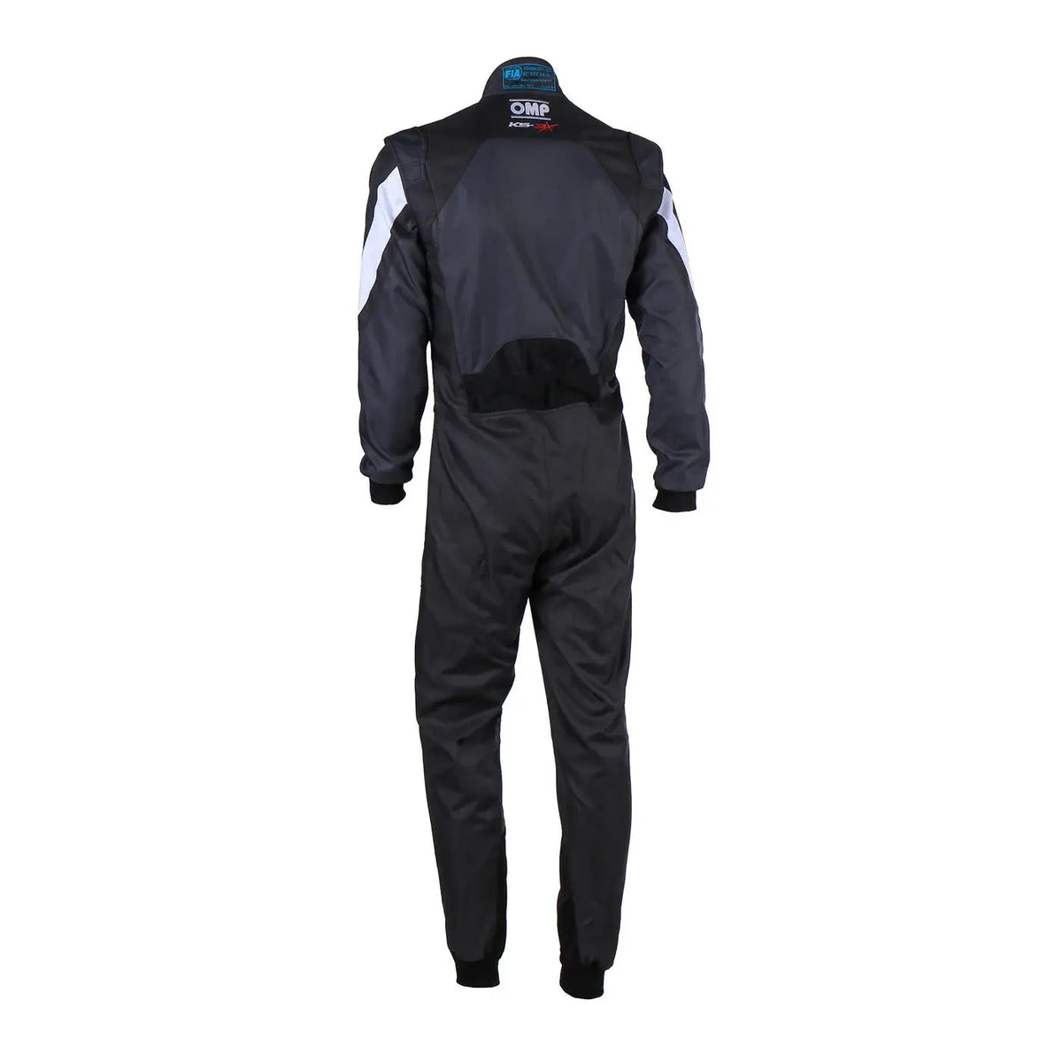 Back view of Black racing suit with white accents OMP Kart Suit KS-3X - FIA 88770 Explicit Pro