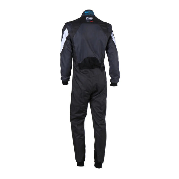Back view of Black racing suit with white accents OMP Kart Suit KS-3X - FIA 88770 Explicit Pro