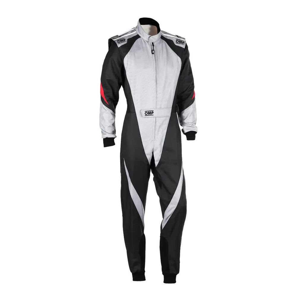 Front View of Black and white racing suit with red accents OMP Kart Suit KS-3X - FIA 88770 Explicit Pro