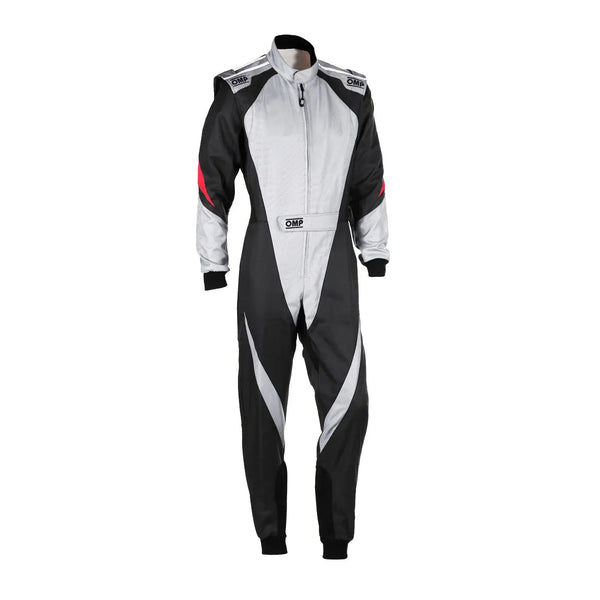 Front View of Black and white racing suit with red accents OMP Kart Suit KS-3X - FIA 88770 Explicit Pro
