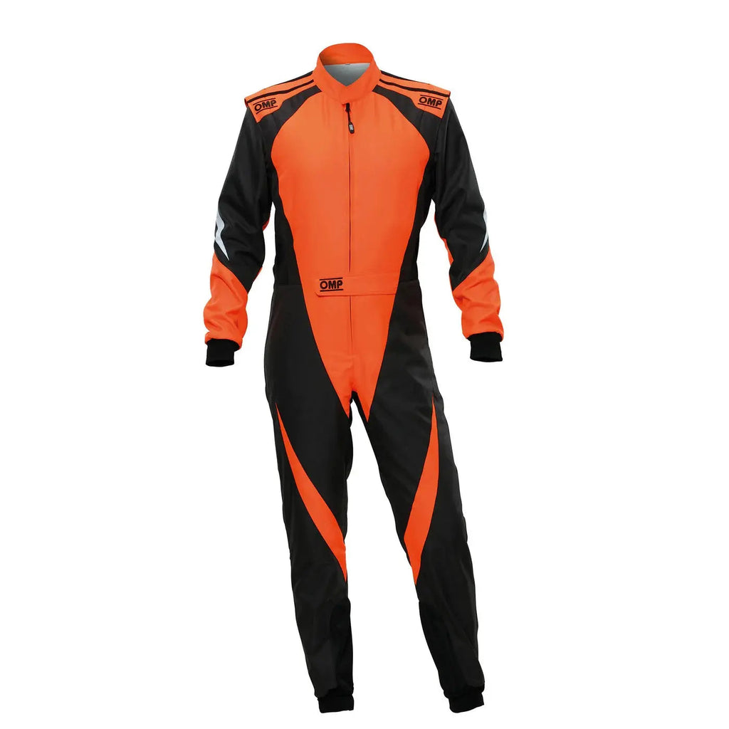 Front View of an Orange and black racing suit OMP Kart Suit KS-3X - FIA 88770 Explicit Pro