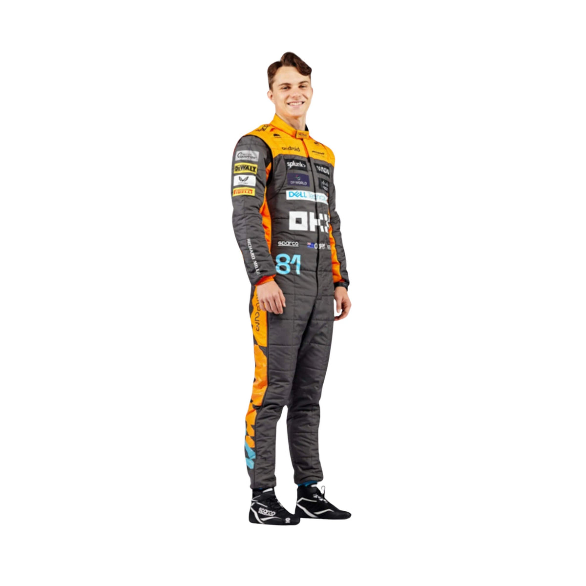 Left Side profile of Piastri’s 2023 F1 suit showing ergonomic fit, aerodynamic paneling, and detailed branding elements. Main image