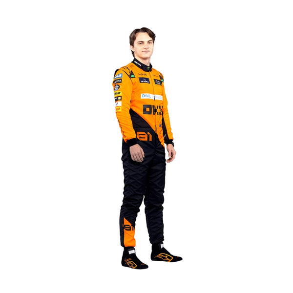 The Left side profile of Piastri's 2024 McLaren F1 racing suit, emphasizing the sharp lines and ergonomic fit, with sponsor placements on the arms and legs to ensure both visibility and flexibility during high-speed racing.