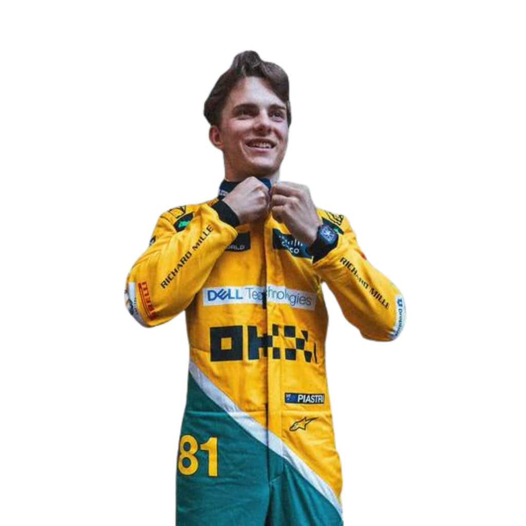 Detailed close-up showcasing fabric weave, stitching, and precise sponsor logo application on Oscar Piastri’s 2024 Monaco GP suit in papaya and anthracite tones.