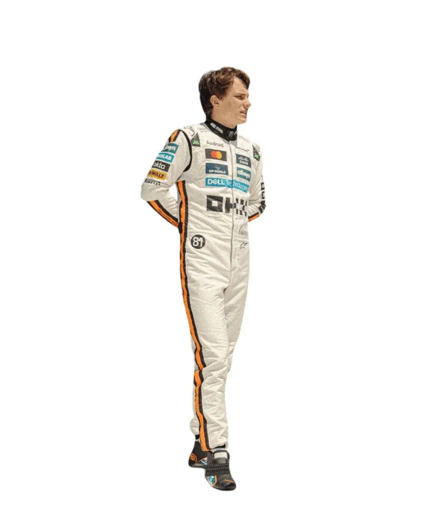 Front sitting view of the 2025 Monaco GP white race suit worn by Oscar Piastri featuring classic black number in circle on a retro-inspired all-white base. Main image