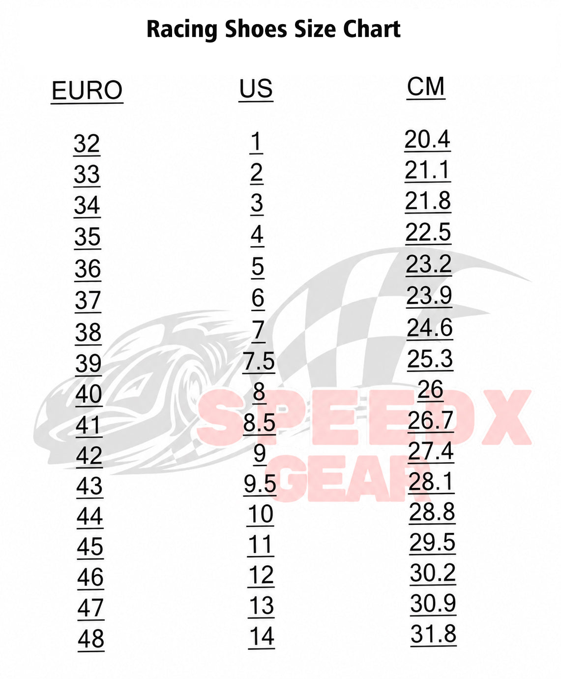 Racing Shoes Size Chart - Explicit Pro