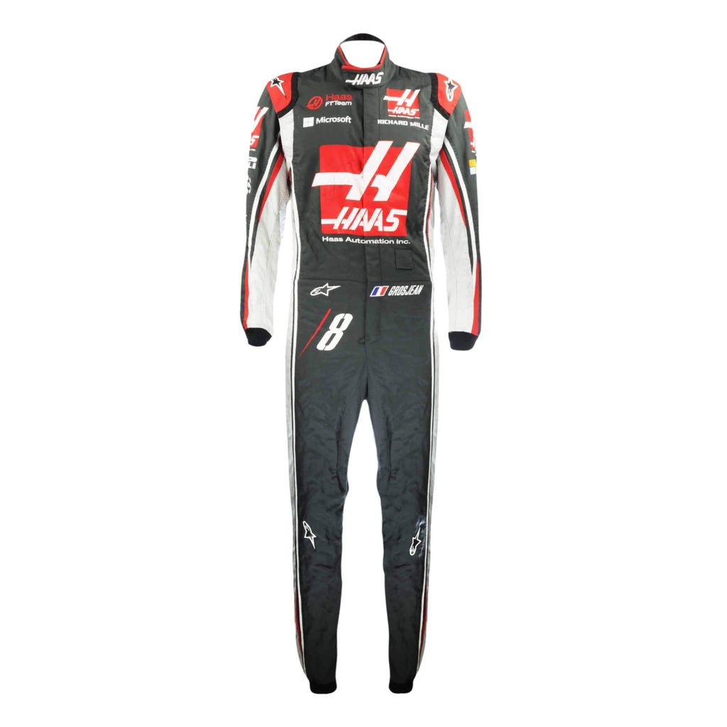 Romain Grosjean’s 2017 F1 racing suit, front view, showcasing embroidered sponsor logos, and performance-driven design tailored for racing.