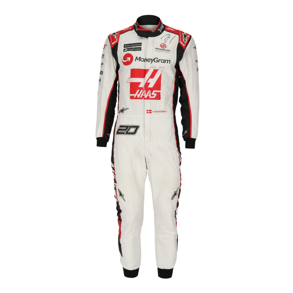 Kevin Magnussen’s 2017 signed Grand Prix F1 racing suit, front view, with embroidered sponsor logos and a sleek, performance-oriented design.