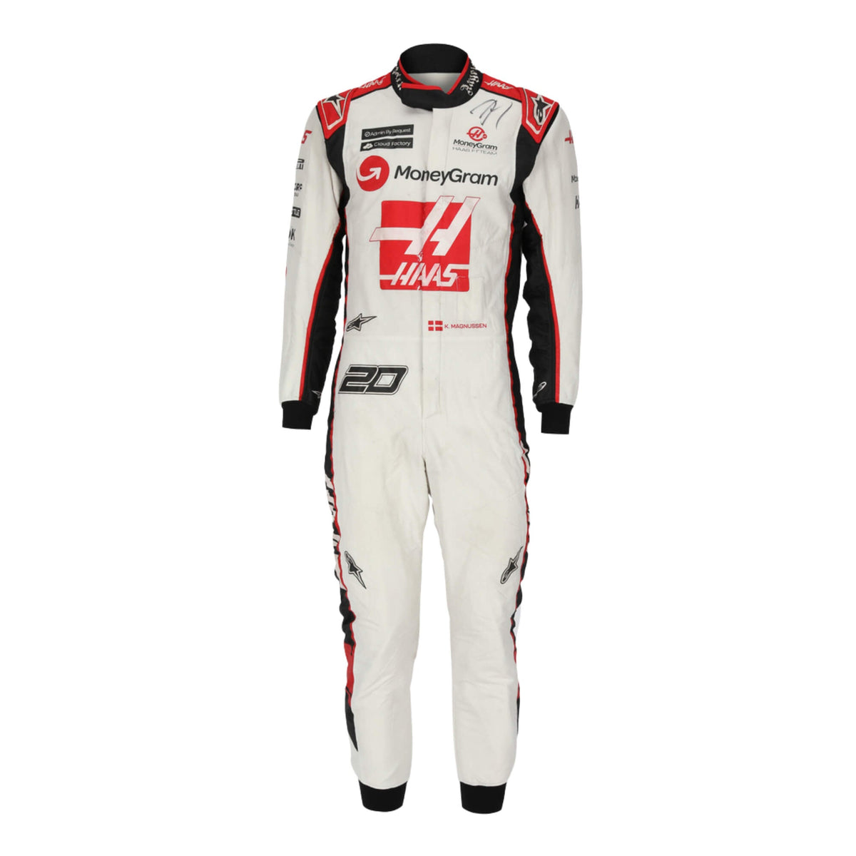 Kevin Magnussen’s 2017 signed Grand Prix F1 racing suit, front view, with embroidered sponsor logos and a sleek, performance-oriented design.