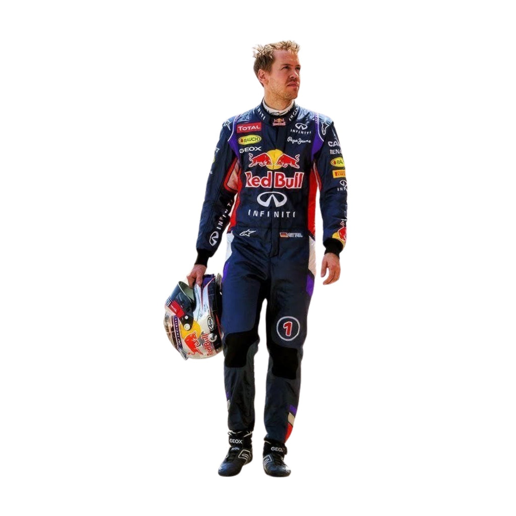 Front view of Sebastian Vettel’s 2014 F1 racing suit featuring deep blue with vibrant red and yellow accents, symbolizing energy and speed from Explicit Pro
