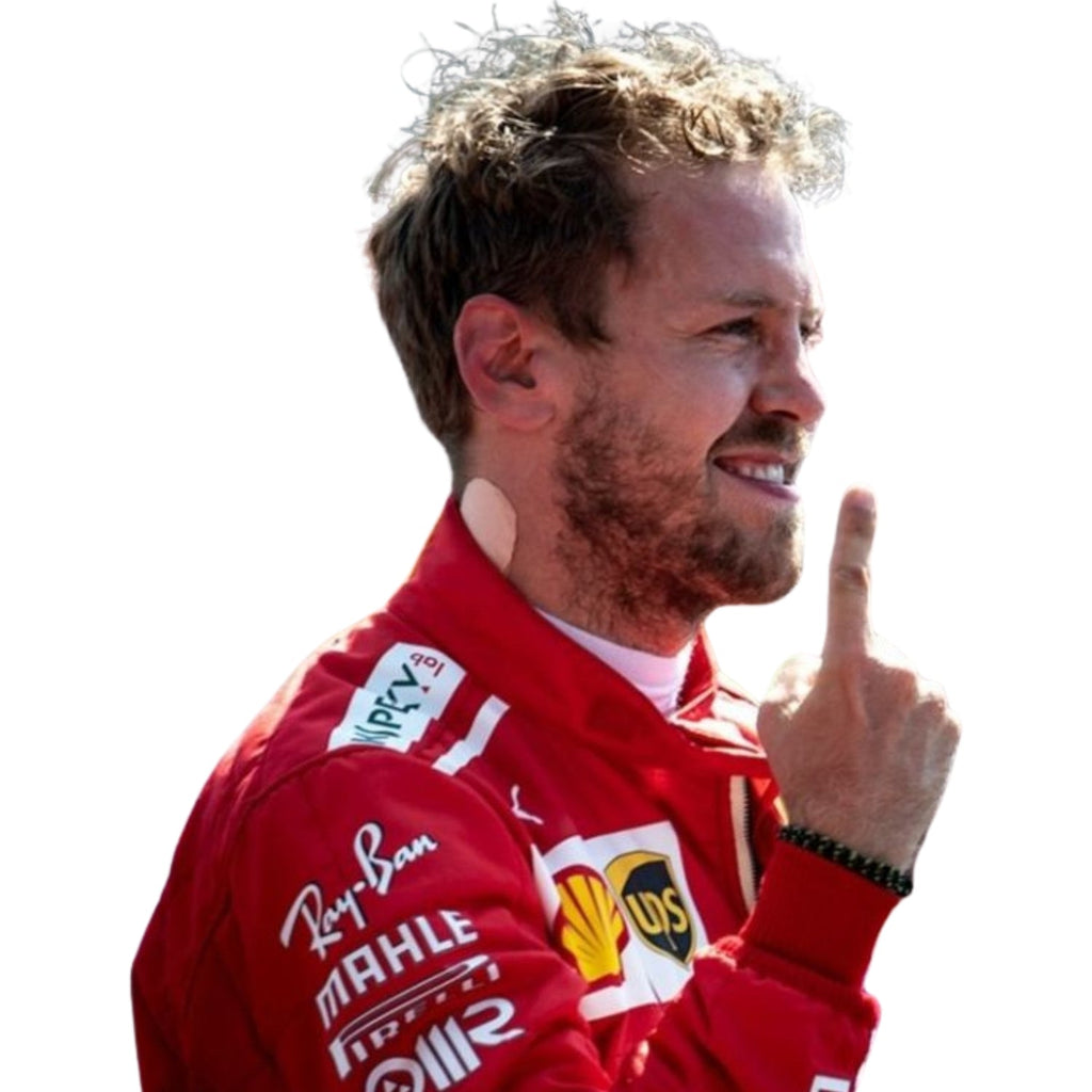 Close-up of Sebastian Vettel’s 2017 racing suit, highlighting the premium red material, detailed stitching, and crisp white sponsorship marks.