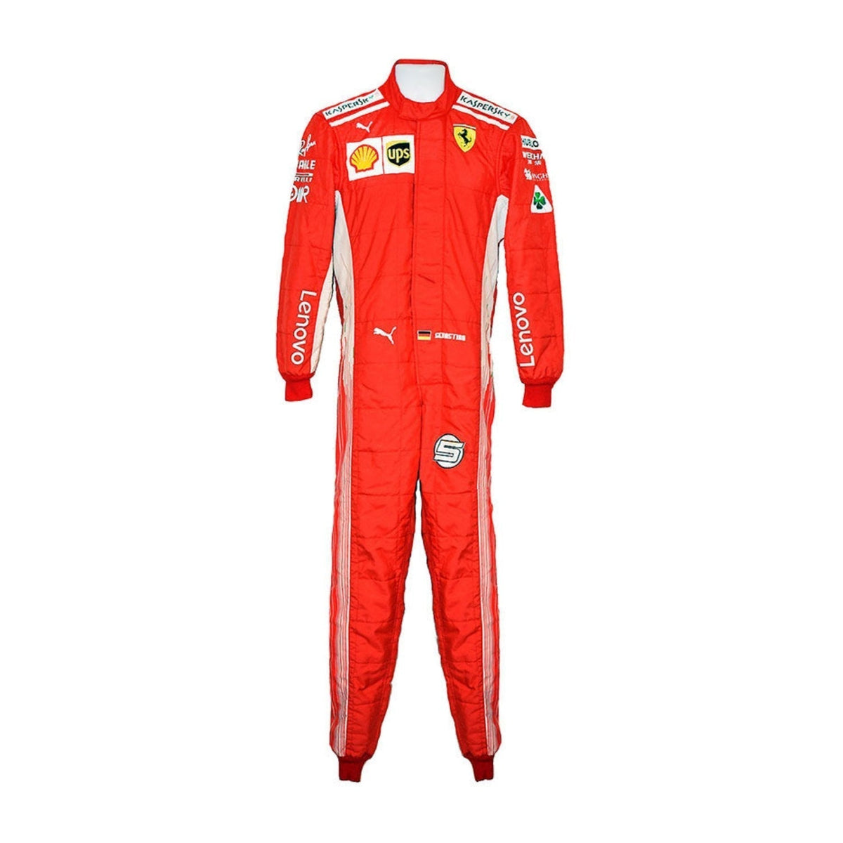 Front view of Sebastian Vettel’s 2018 F1 racing suit featuring a vibrant red color with sharp white sponsor logos, designed for top-tier performance. Main image