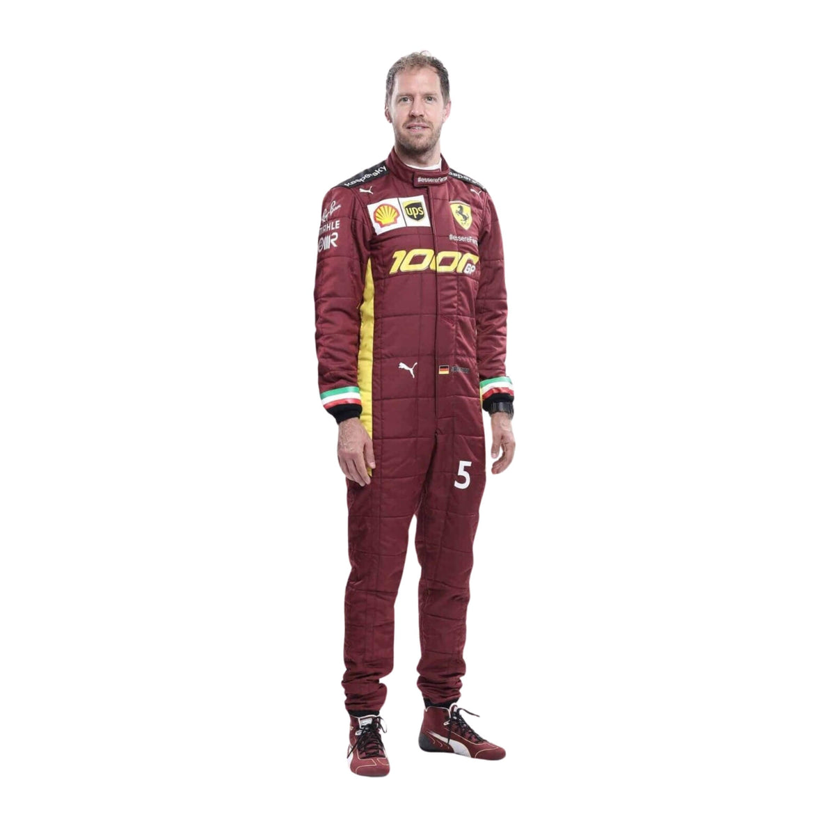 Sebastian Vettel 2020 1000 GP F1 suit front view, deep maroon design with gold detailing and sponsor logos. Main image