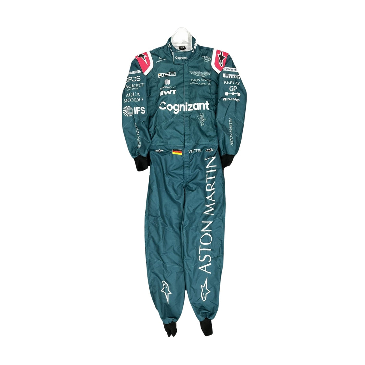 2021 Sebastian Vettel F1 Racing Suit Front View, Green Design, Embroidered Logos, Full Zipper Closure