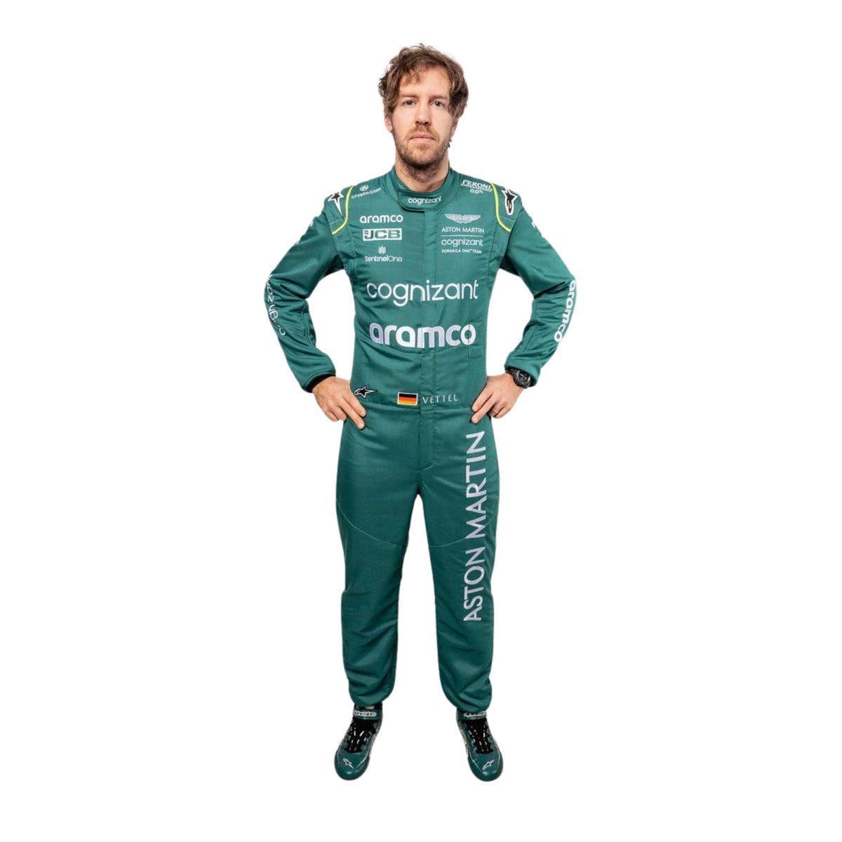 High-resolution image of Sebastian Vettel's 2022 F1 suit laid flat, emphasizing the British racing green and lime color combination and technical fabric texture. Main image