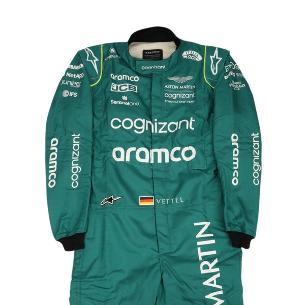 Close up Front view of Sebastian Vettel's 2022 F1 racing suit in British racing green with lime accents, highlighting the ergonomic design