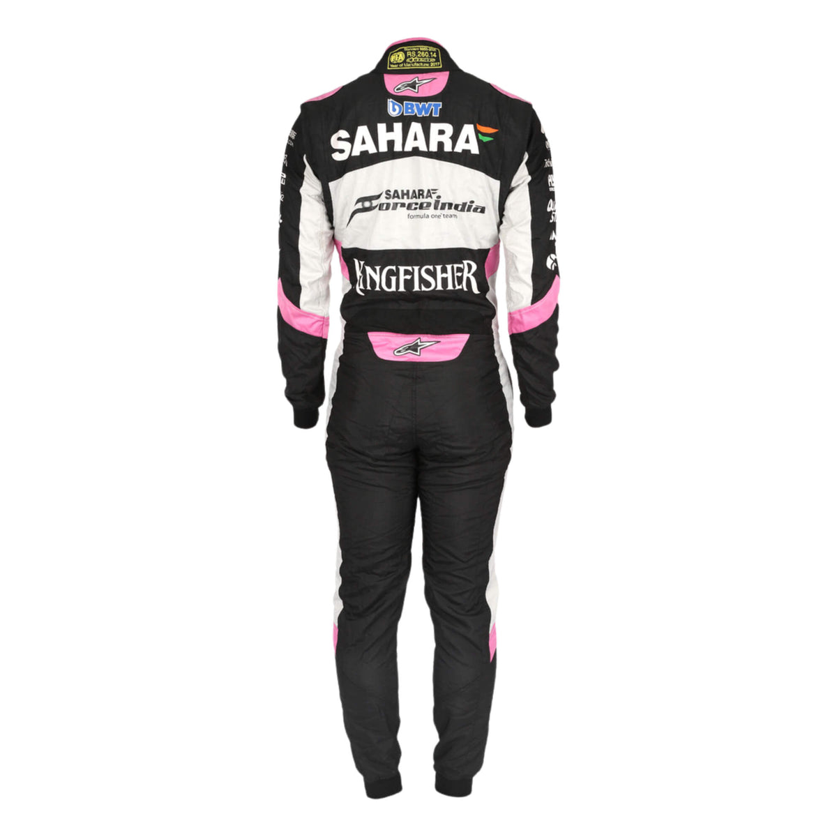 Back view of Sergio Perez 2017 racing suit showing name placement, number design, and multi-logo layout

