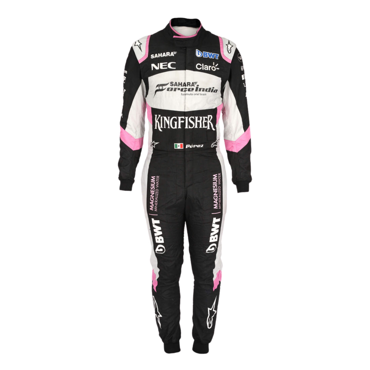 Front view of Sergio Perez 2017 F1 racing suit in black and pink, featuring full zipper and detailed sponsor embroidery Main image