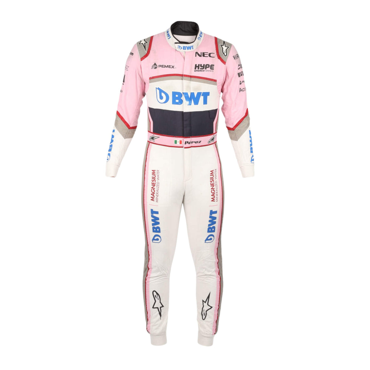 Sergio Perez’s 2018 F1 racing suit, front view, showcasing sponsor logos, high-performance design, and a custom fit for track performance. Main image