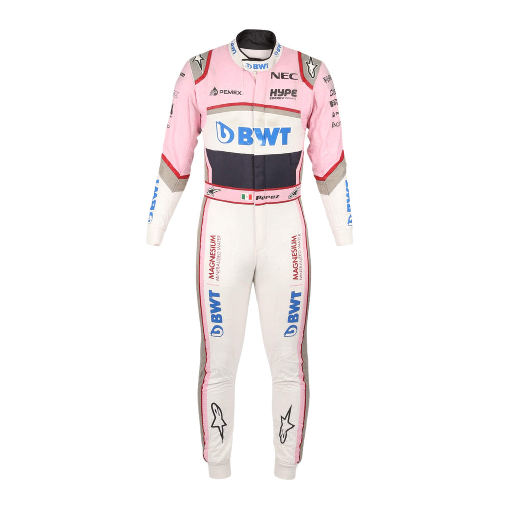 Sergio Perez’s 2018 F1 racing suit, front view, showcasing sponsor logos, high-performance design, and a custom fit for track performance.