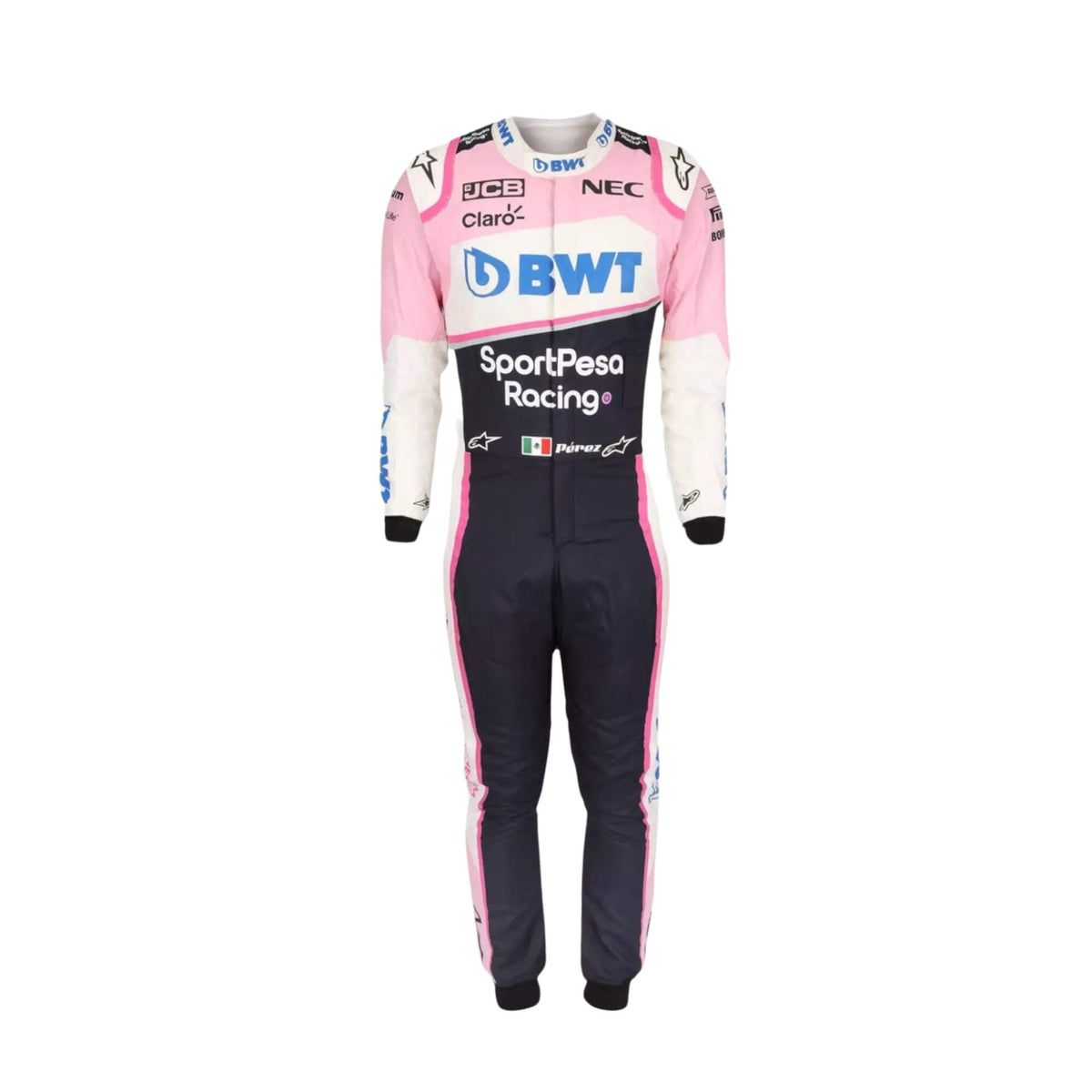 Sergio Perez 2019 F1 suit – front view showcasing a bold and dynamic race-ready design