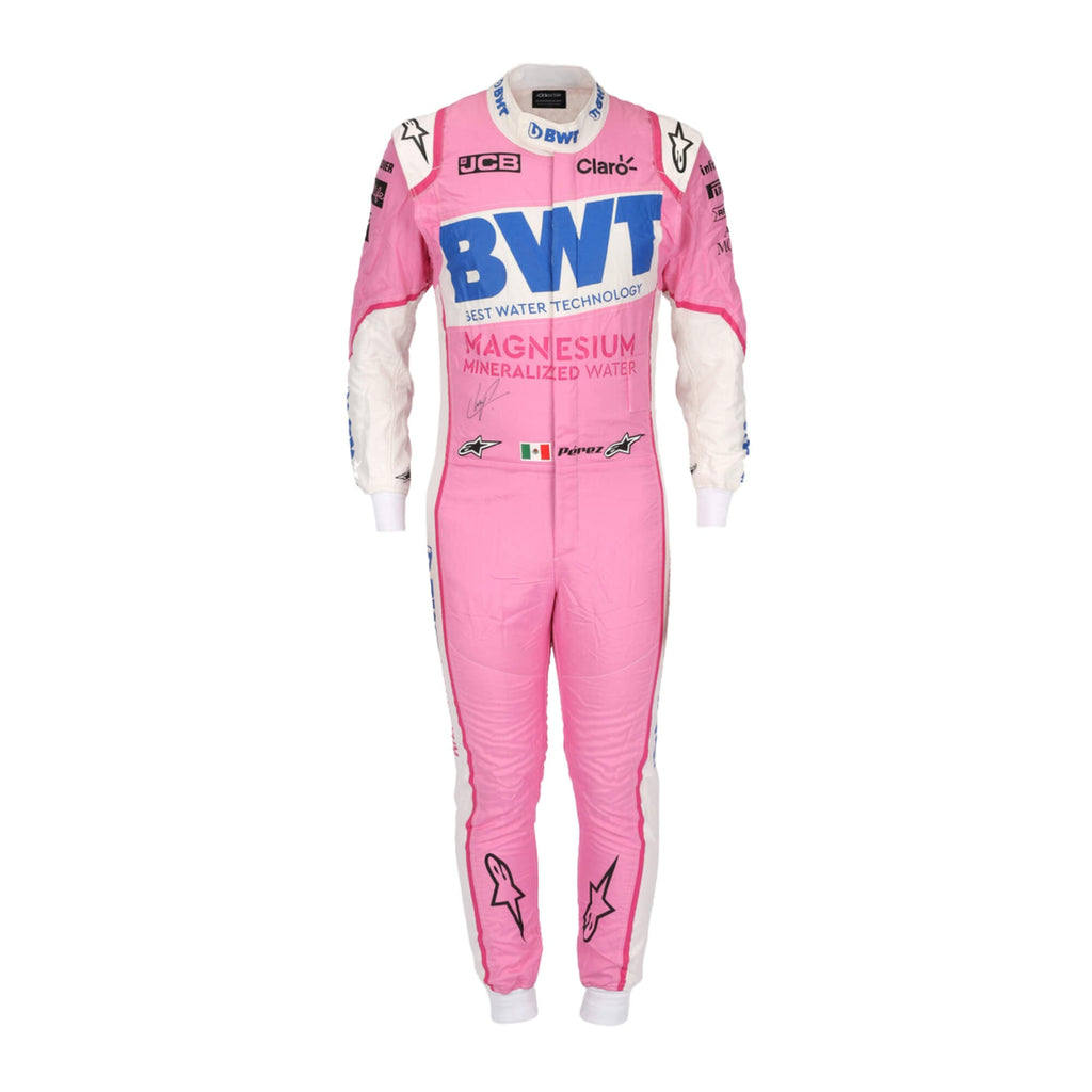 Sergio Perez 2020 F1 racing suit – vibrant pink and green design 