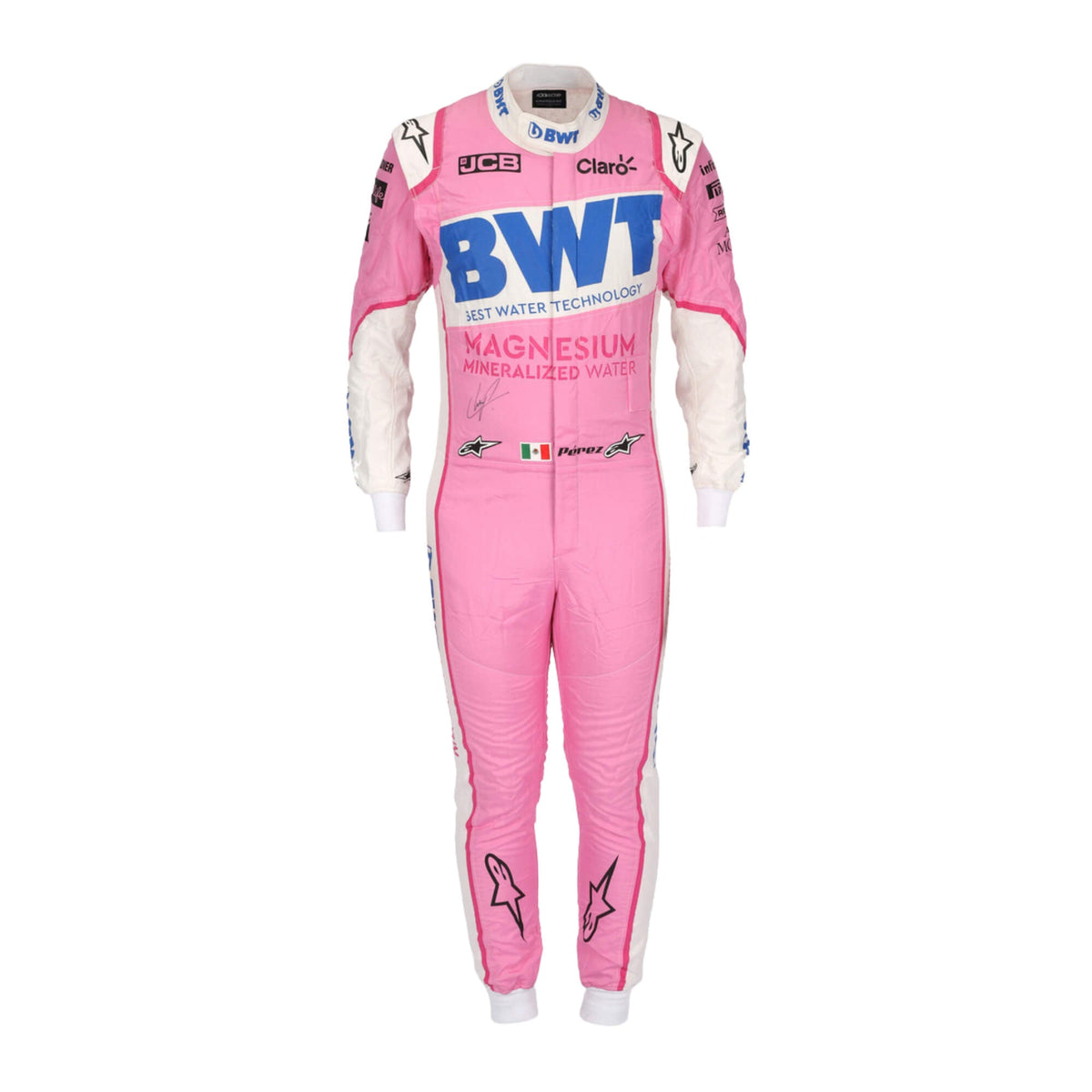 Sergio Perez 2020 F1 racing suit – vibrant pink and green design 