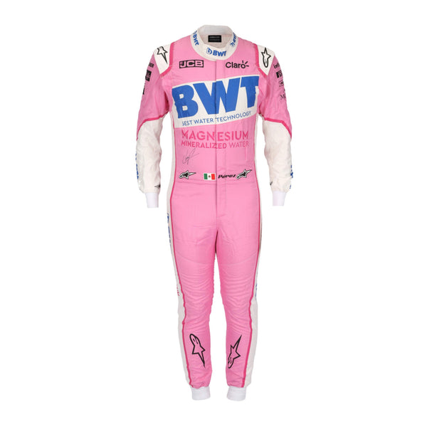 Sergio Perez 2020 F1 racing suit – vibrant pink and green design 