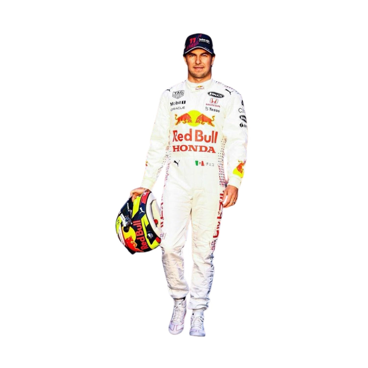 Detailed close-up of Sergio Perez 2021 F1 Racing Suit showing team Red Bull's iconic sponsor logos, sleek design, and intricate patterns. The suit features advanced materials designed for optimal race performance, with sponsor logos across the chest, arms, and legs. Main image