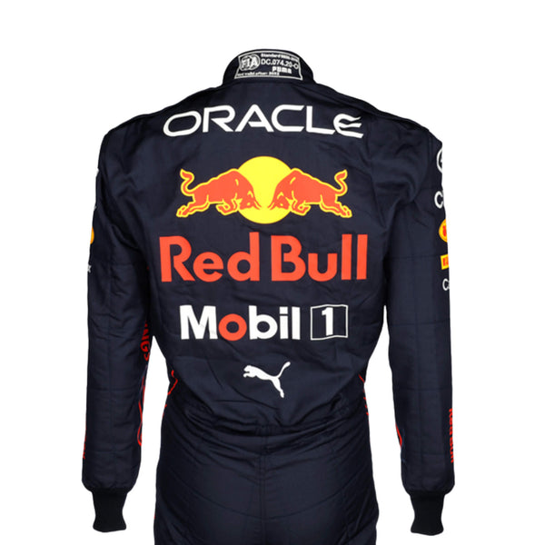 Back view of Sergio Perez 2022 racing suit – two-tone navy and red design with fitted cut and aerodynamic styling