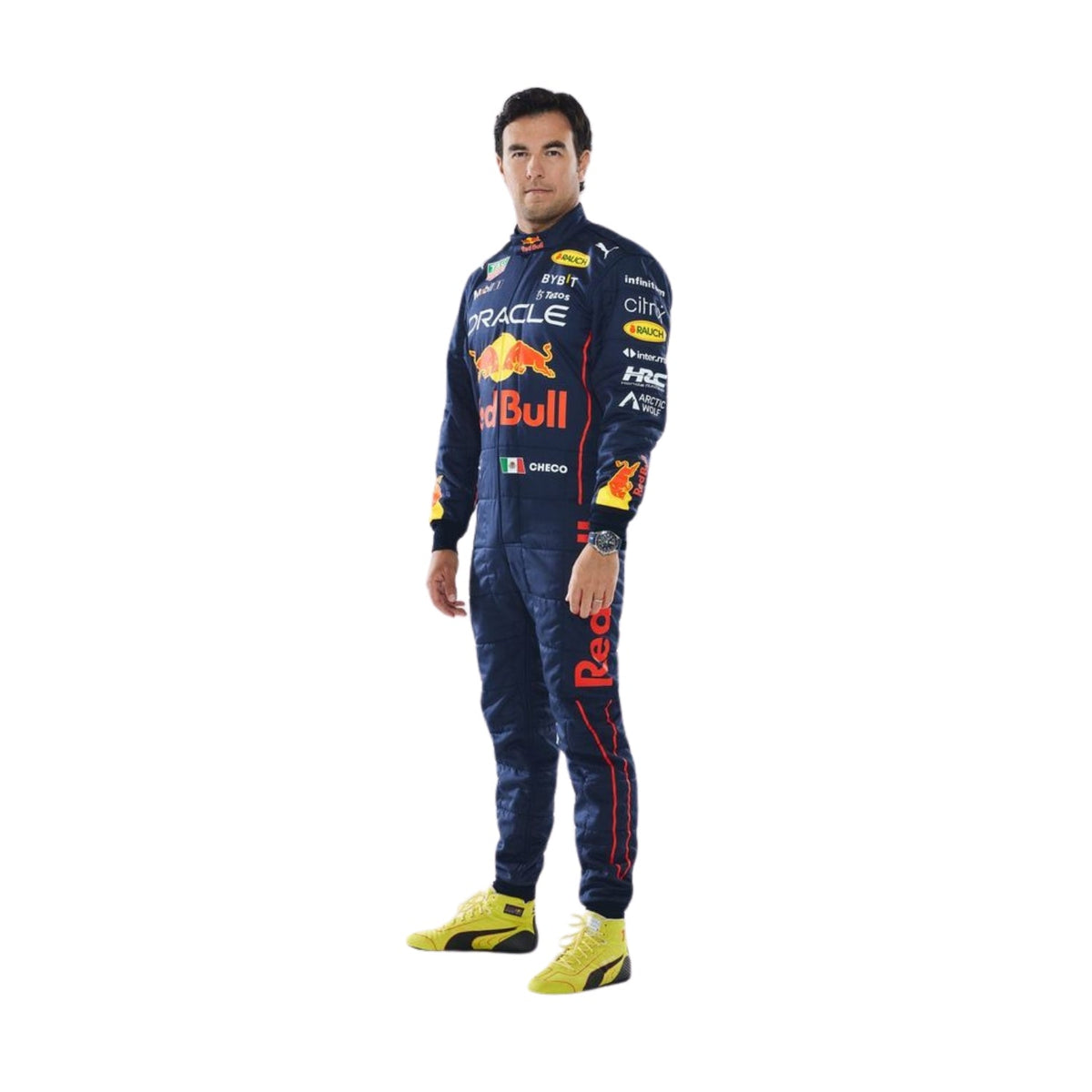Sergio Perez 2022 F1 racing suit – front view of navy blue and red suit with detailed design and race-fit structure. Main image
