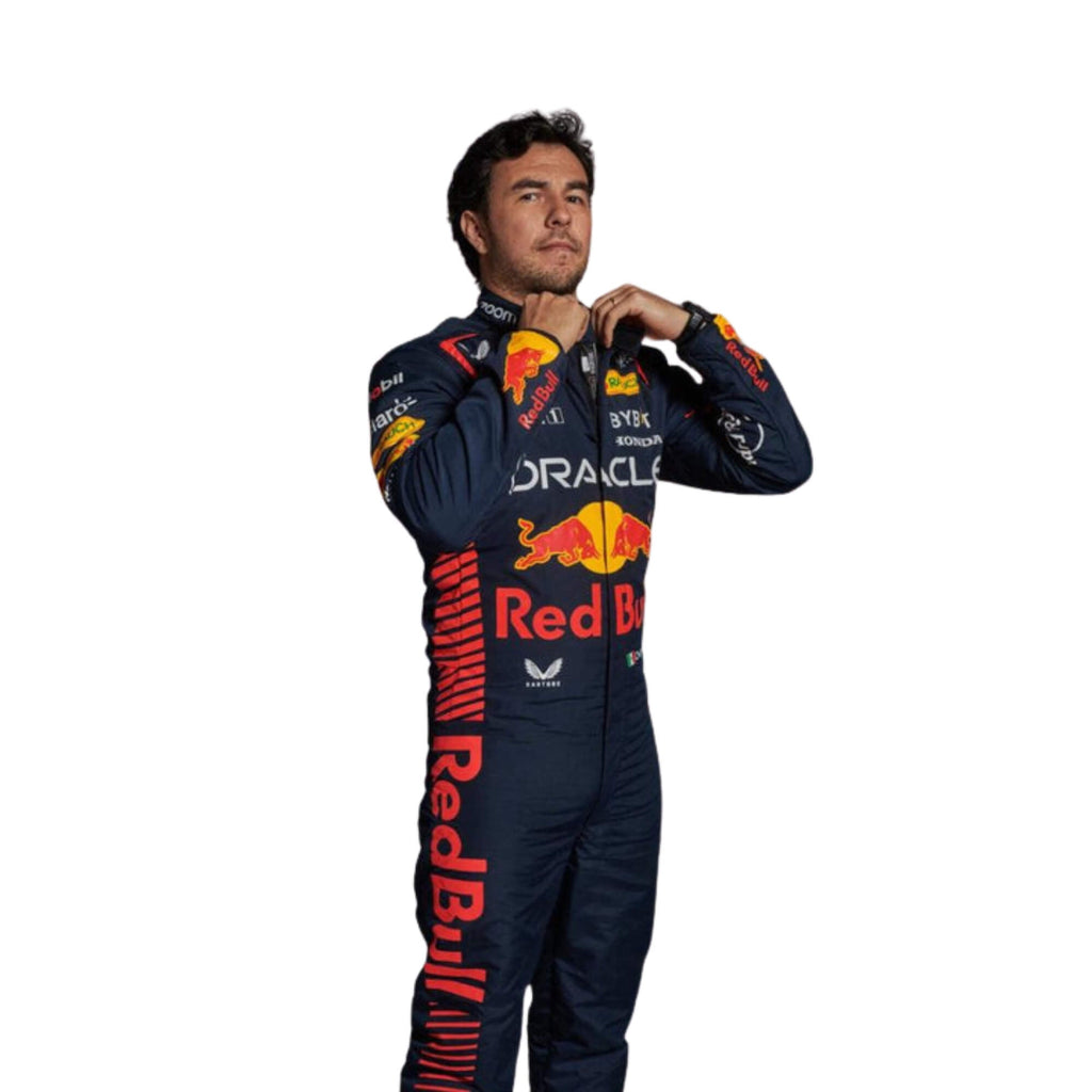 Close-up of the suit highlighting the intricate fabric texture, red-yellow accent stitching, and driver name embroidery in white.