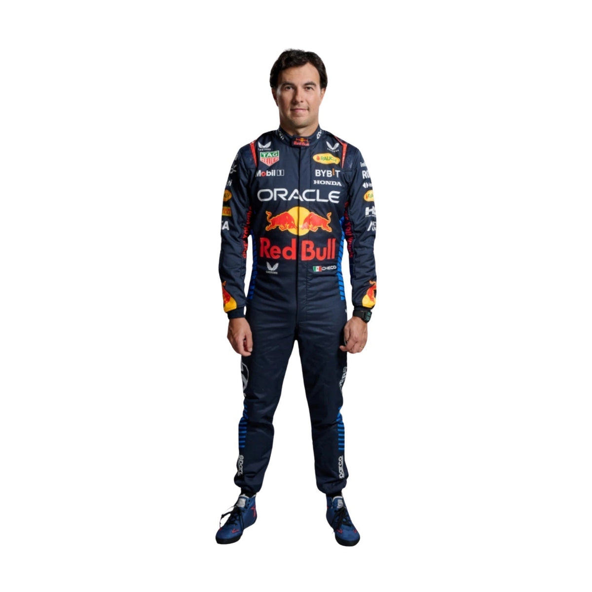 Front view of the Sergio Perez 2024 F1 racing suit, showcasing its sleek design with high-performance fabric and a modern color scheme for racing Main image