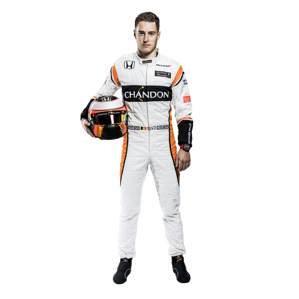 Full-body view of Stoffel Vandoorne’s 2017 racing suit, with sponsor logos and ergonomic design for ultimate performance
 Main image