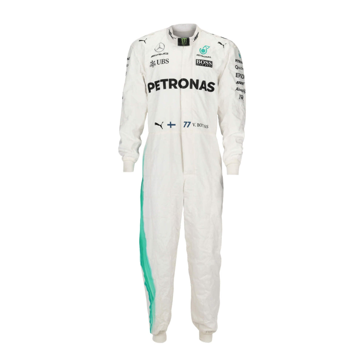 Valtteri Bottas’ 2017 F1 racing suit, front view with detailed embroidery, sponsor logos, and streamlined design Main image