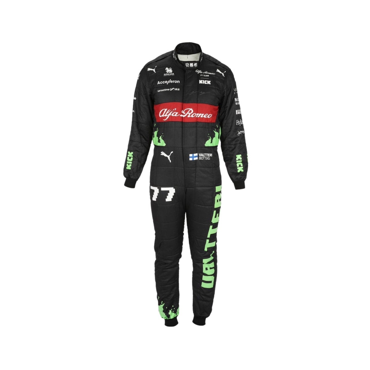 Valtteri Bottas' 2023 Belgian Grand Prix F1 racing suit front view featuring a black base with red and neon green accents on the shoulders and sides, complemented by sponsor logos, showcasing a sleek and modern design. Main image