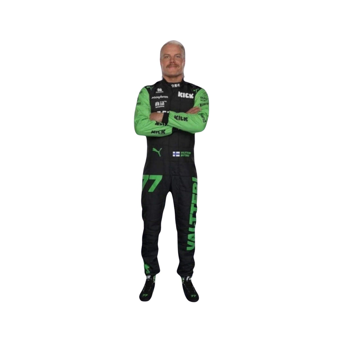 Front view of Valtteri Bottas's 2024 F1 racing suit in black with neon green sleeves and accents, showcasing a modern design. Main image