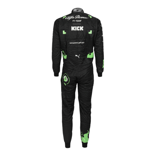 Rear view of Zhou's 2023 Belgian Grand Prix racing suit displaying the continuation of the black, red, and bright green color scheme with prominently placed sponsor logos and aerodynamic paneling.