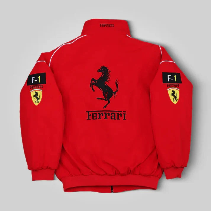 Red Ferrari F1 Racing jacket with various logos on a white background Explicit Pro