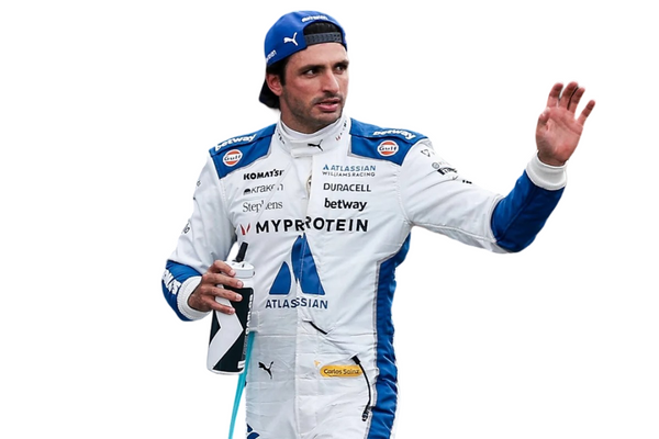 F1 Racing driver carlossainz in a white and blue suit with sponsor logo Explicit Pro