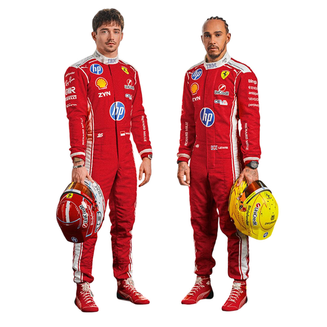 Charlec Leclerc & Lewis Hamilton Two Formula 1 drivers in red Ferrari 2026 f1 racing suits with various sponsor logos, holding helmets. Main image