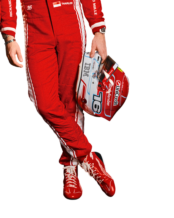 Charles Leclerc wearing a red f1 2026 racing suit  with visible branding on a white background