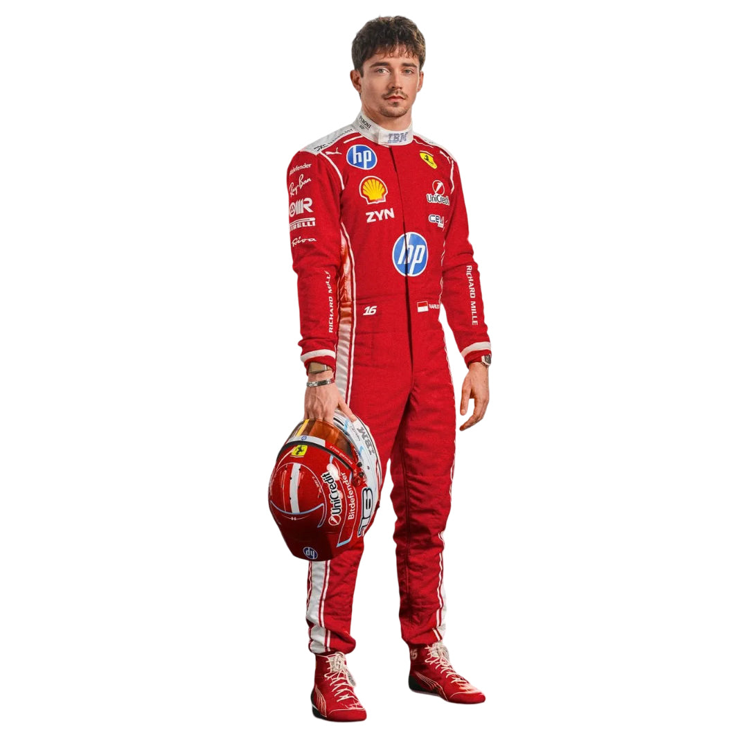 charles Leclerc wearing a red 2026 ferrari f1 racing suit with various sponsor logos on a white background Main image