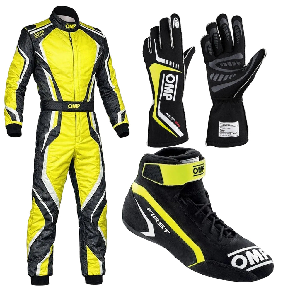 Yellow OMP Kart Racing Suit, Racing Gloves & Racing Shoes - Explicit Pro